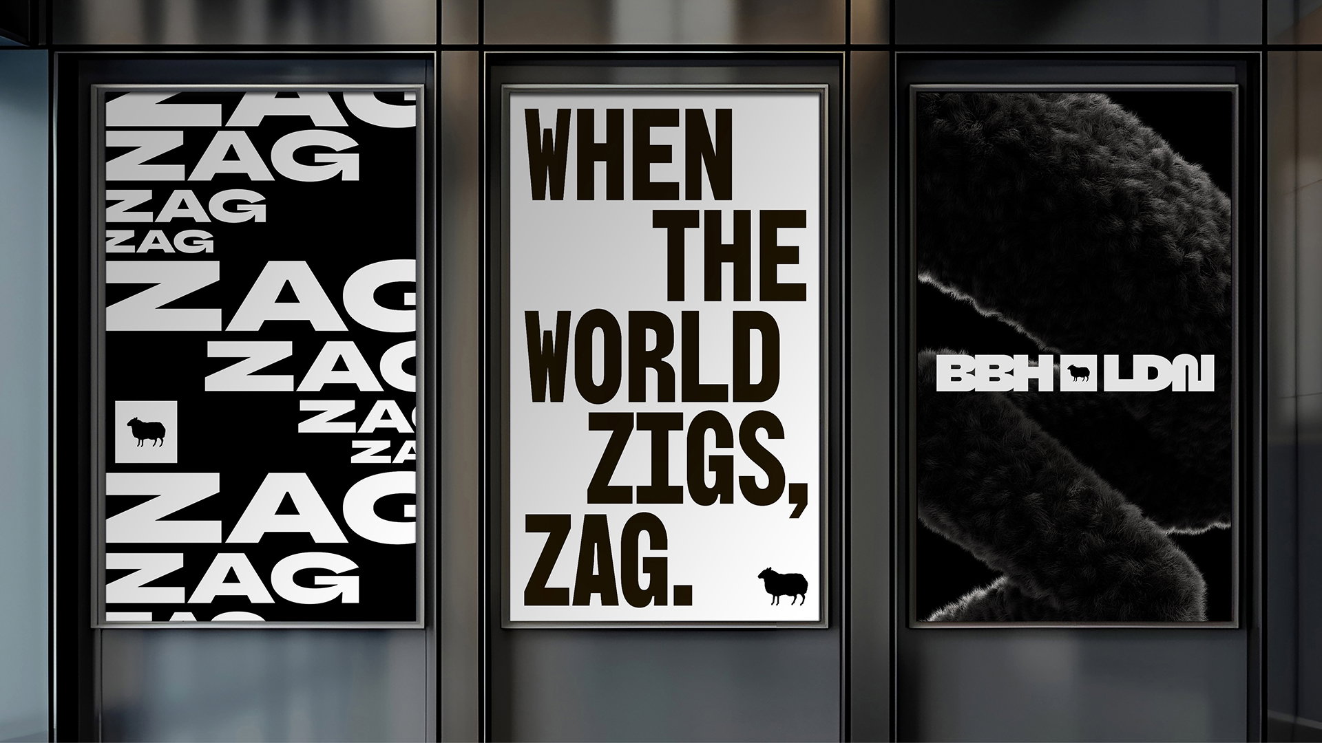 BBH posters combining wide and condensed ZAG typography with a black-sheep brand image.