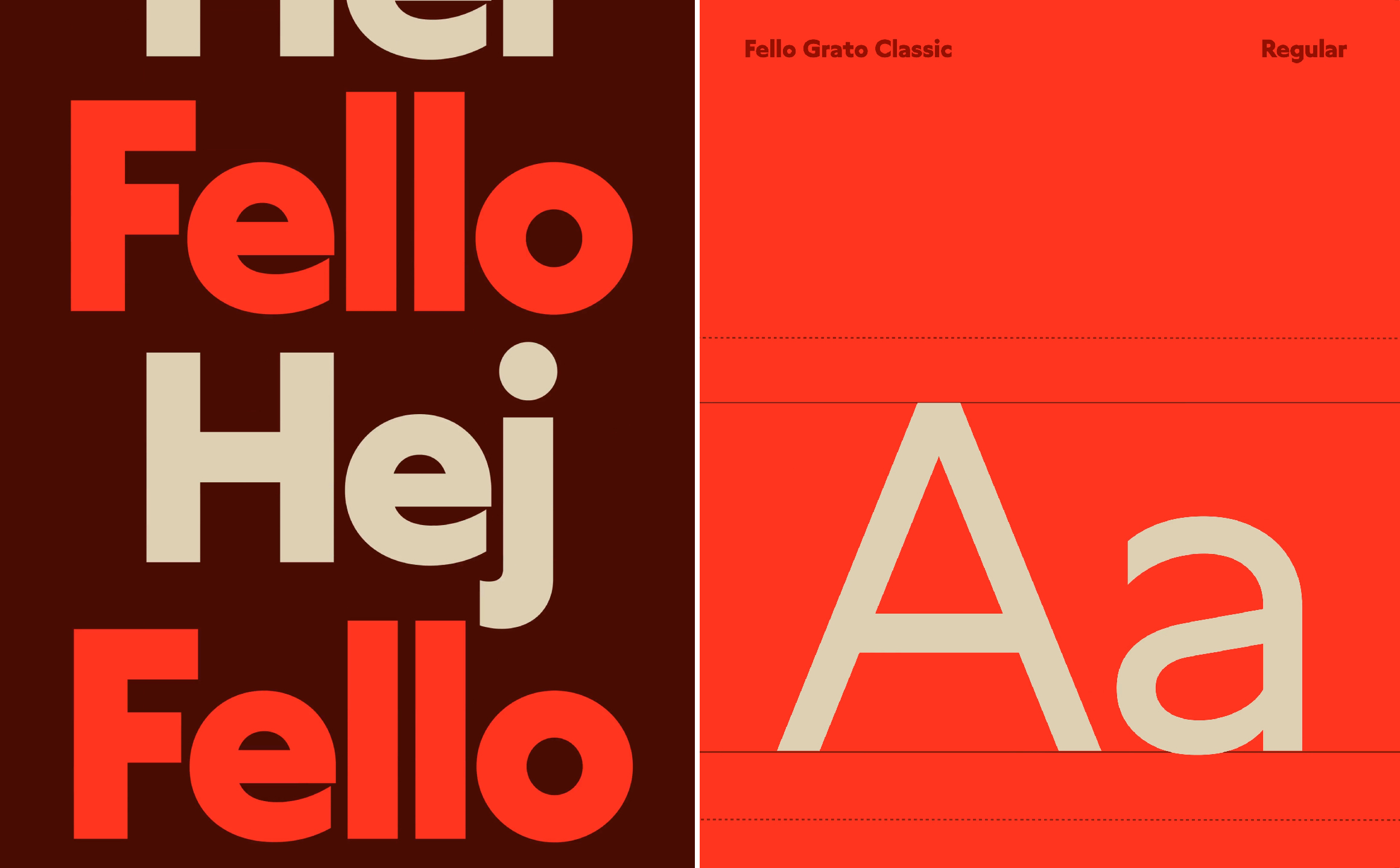 Fello Grato Classic type specimen with rounded letters in cream, dark brown and bright red-orange.