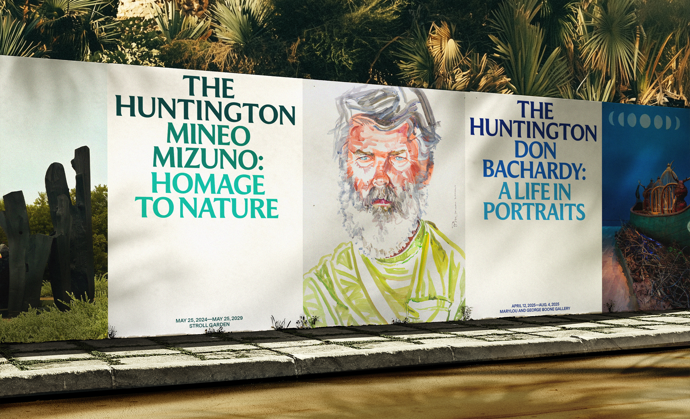 The Huntington exhibition posters using flared display letterforms across green and blue applications.