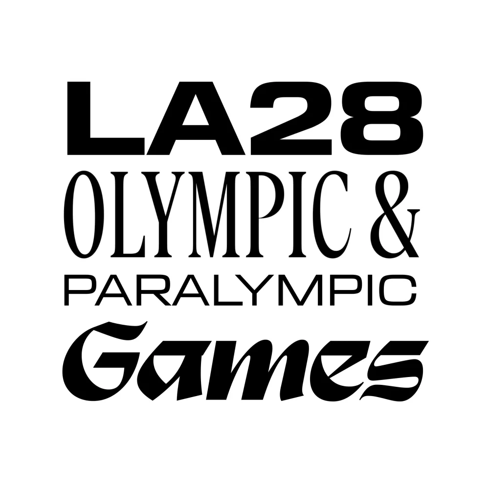 Official LA28 specimen combining broad sans, narrow serif, light sans and expressive script lettering.